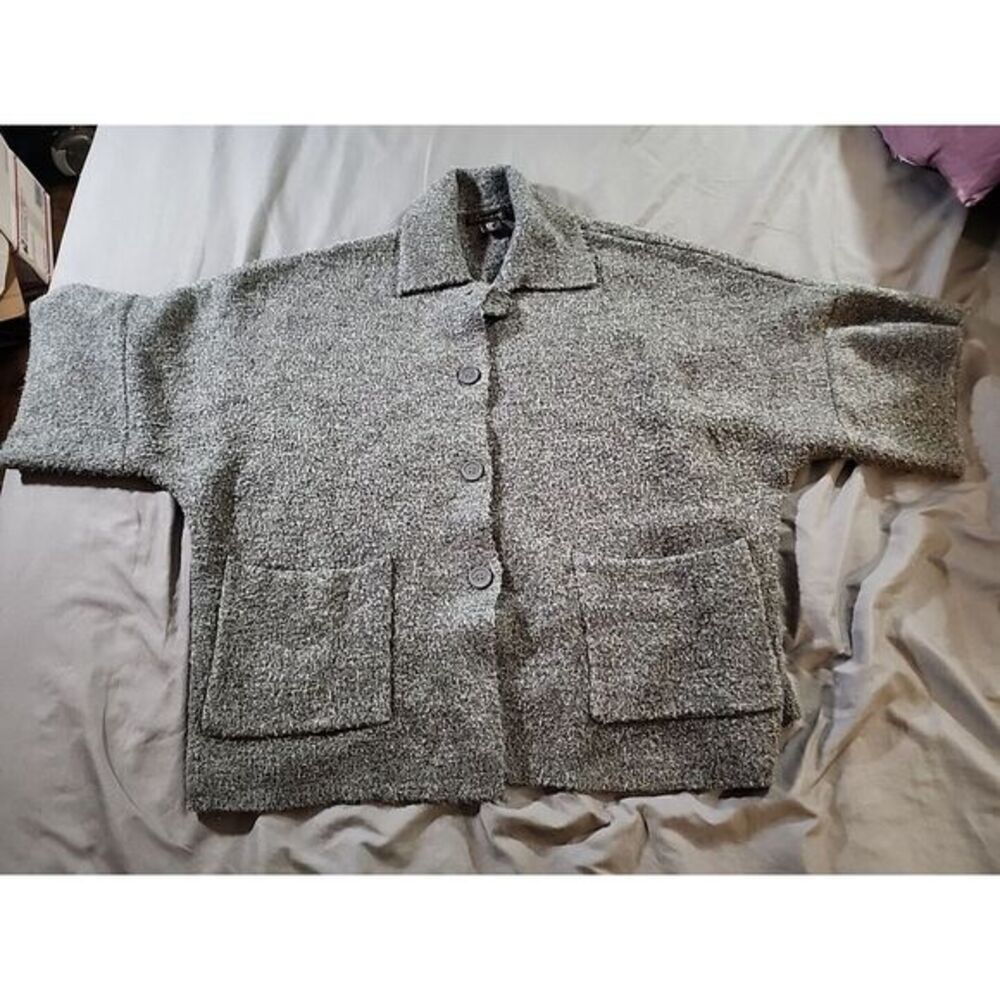 Tahari‎ Women Sweater Blazer Medium Gray Merino Wool Blend Cardigan Pockets